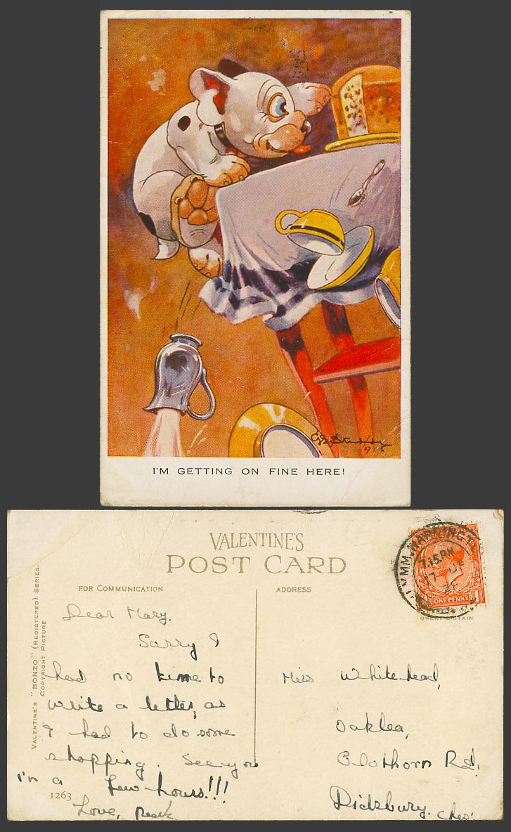 BONZO DOG G.E. Studdy 1928 Old Postcard I'm Getting on Fine Here! Cake, Cup 1263