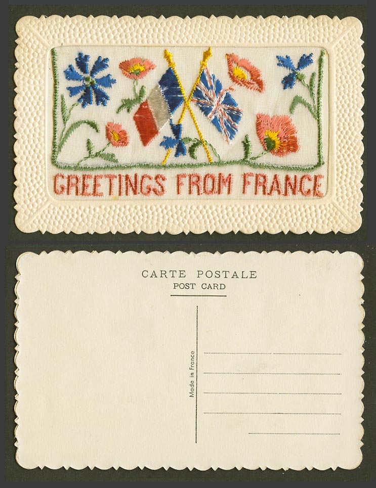 WW1 SILK Embroidered Old Postcard Greetings from France Flag Flower Empty Wallet