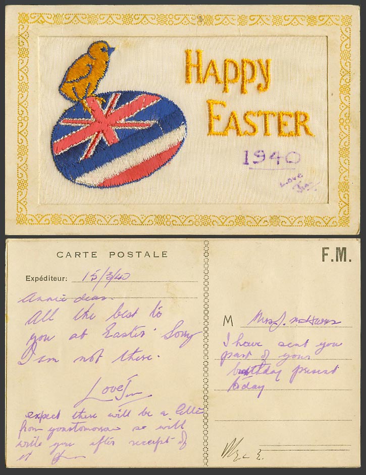 SILK Embroidered 1940 Old Postcard Happy Easter Chick Bird Egg British Fr. Flags