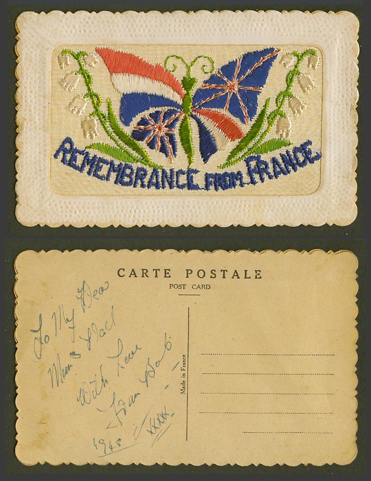 SILK Embroidered 1948 Old Postcard Remembrance from France Flag Butterfly Flower