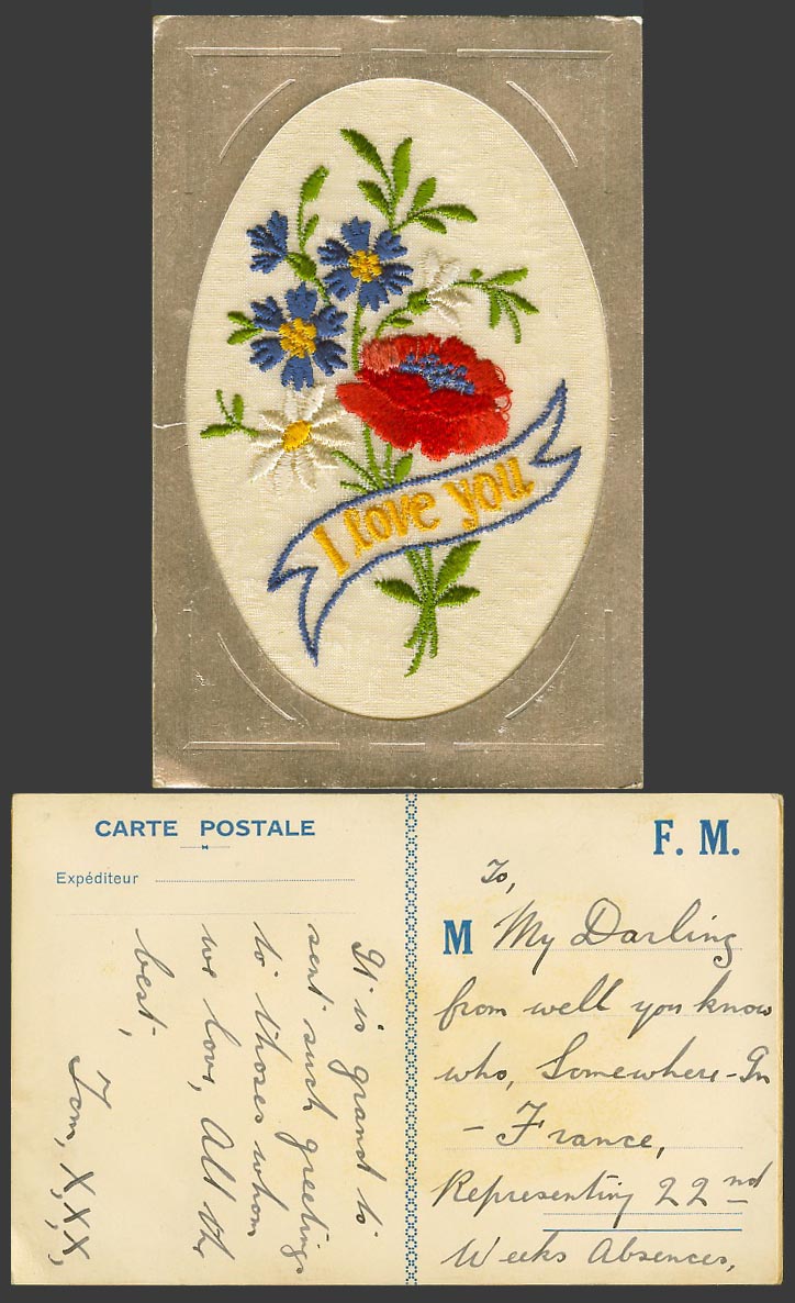 SILK Embroidered French Old Postcard I Love You Flower Flowers Novelty Greetings