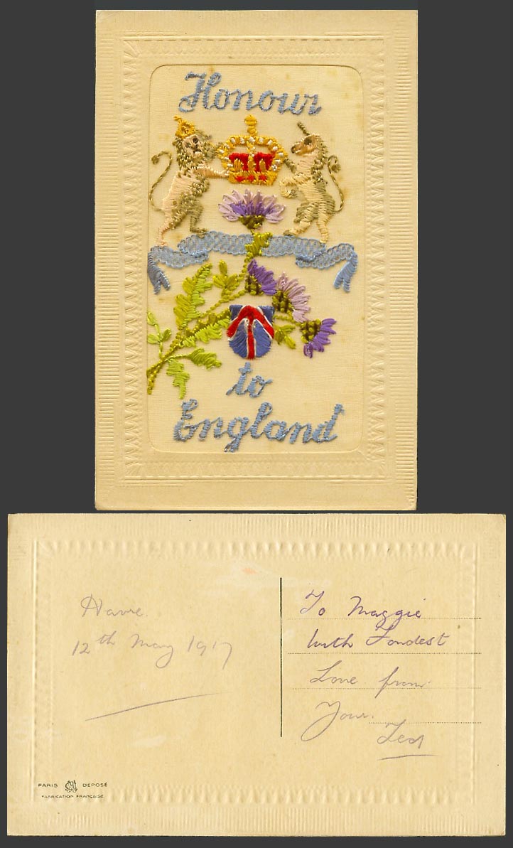WW1 SILK Embroidered 1917 Old Postcard Honour to England, Thistle, Lion, Unicorn