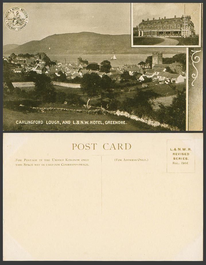 Ireland Old Postcard Carlingford Lough Lake, L&NW Hotel Greenore Railway Company