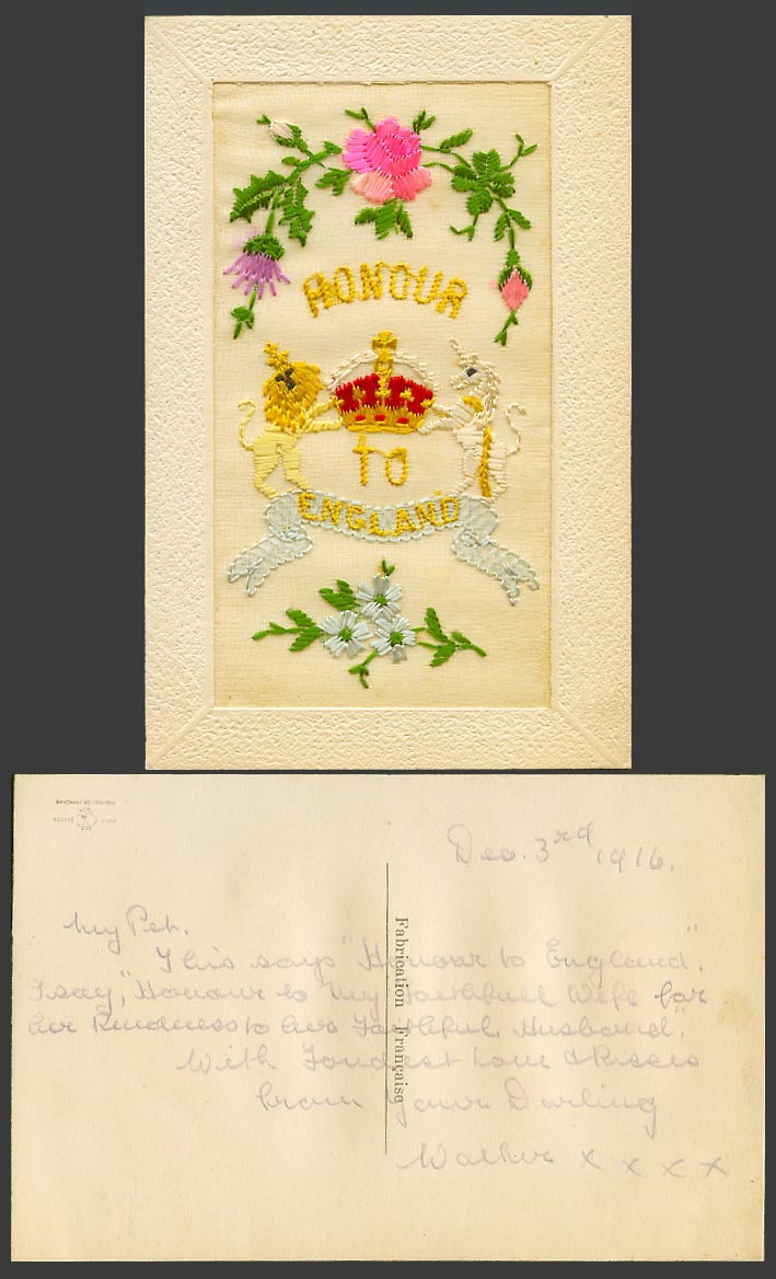 WW1 SILK Embroidered 1916 Old Postcard Honour to England Crown Lion Unicorn Arms
