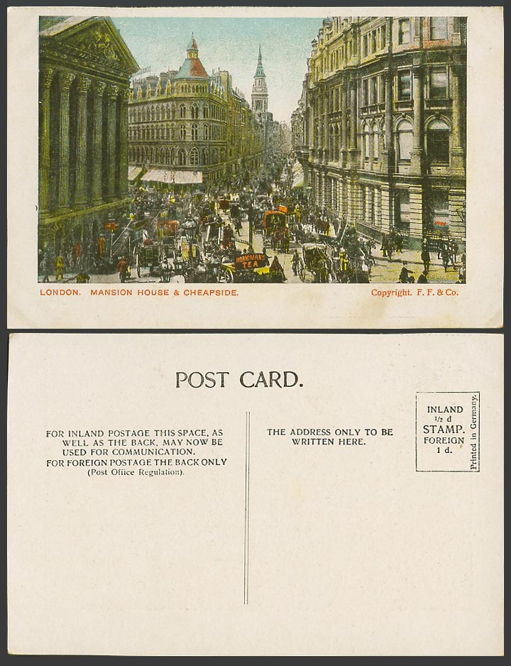 London Old Colour Postcard Mansion House and Cheapside, Street Scene, F.F. & Co.