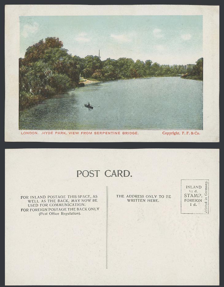 London Old Colour Postcard Hyde Park View from Serpentine Bridge Lake F.F. & Co.