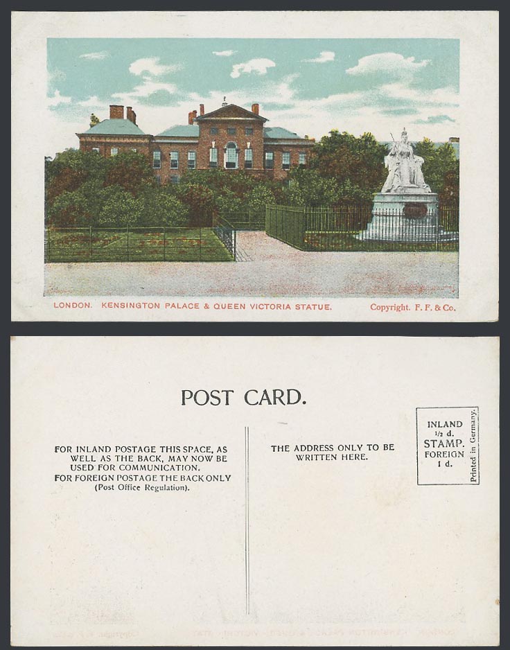 London Old Colour Postcard Kensington Palace & Queen Victoria Statue, F.F. & Co.