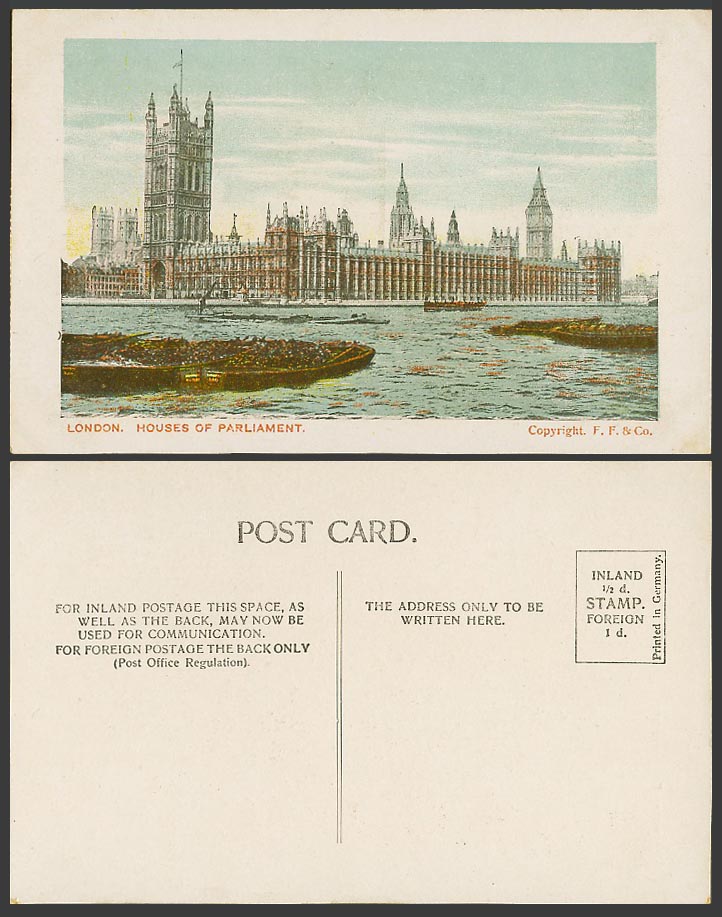 London Old Colour Postcard Houses of Parliament Big Ben Clock Thames River Boats