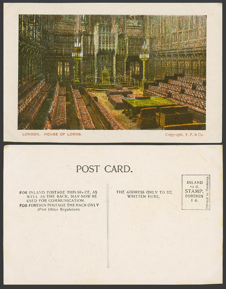 London Old Colour Postcard House of Lords. Interior. F.F. & Co.