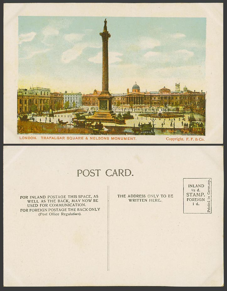 London Old Colour Postcard Trafalgar Square & Nelsons Monument Lions F. F. & Co.
