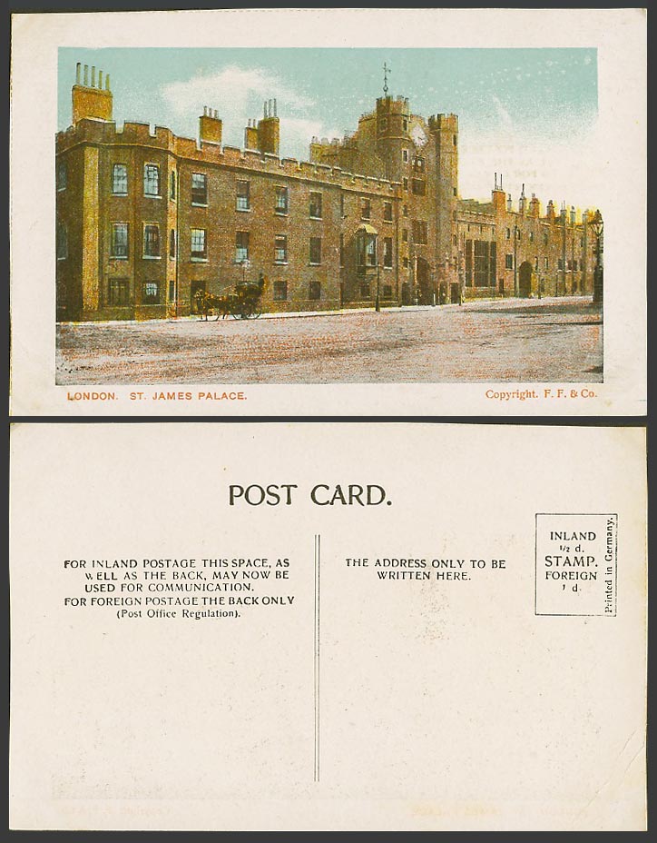 London Old Colour Postcard St. James's Palace, Clock Tower Horse Cart F.F. & Co.