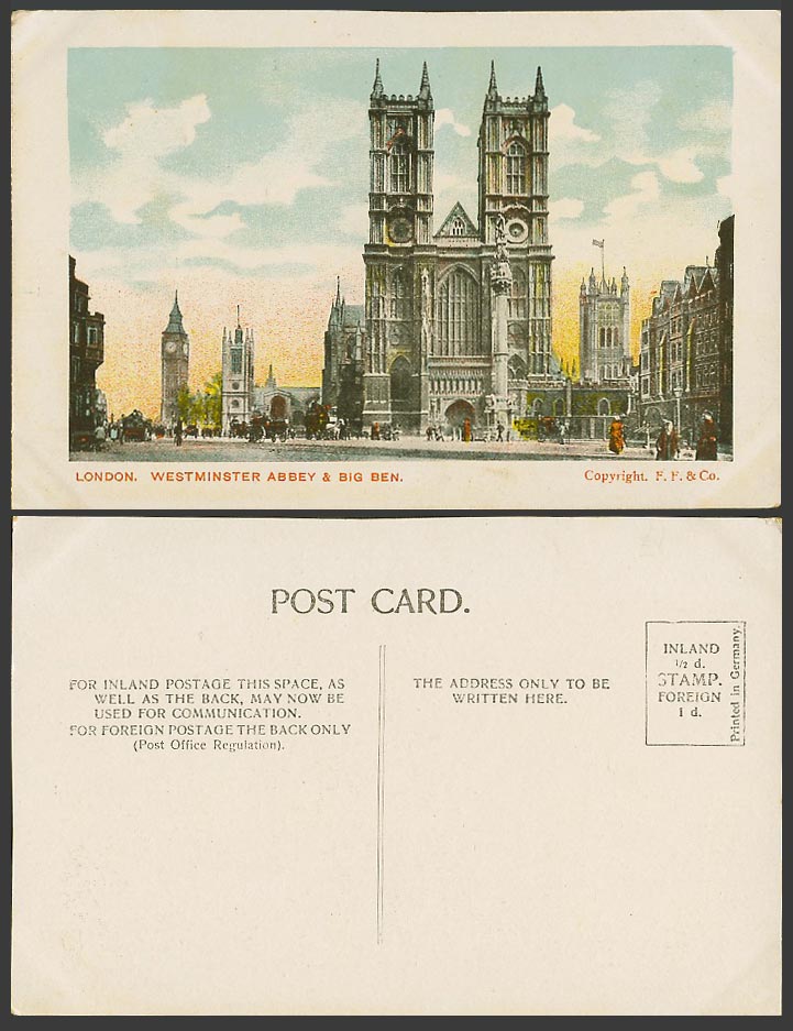 London Old Colour Postcard Westminster Abbey & Big Ben Clock Tower, Street Scene
