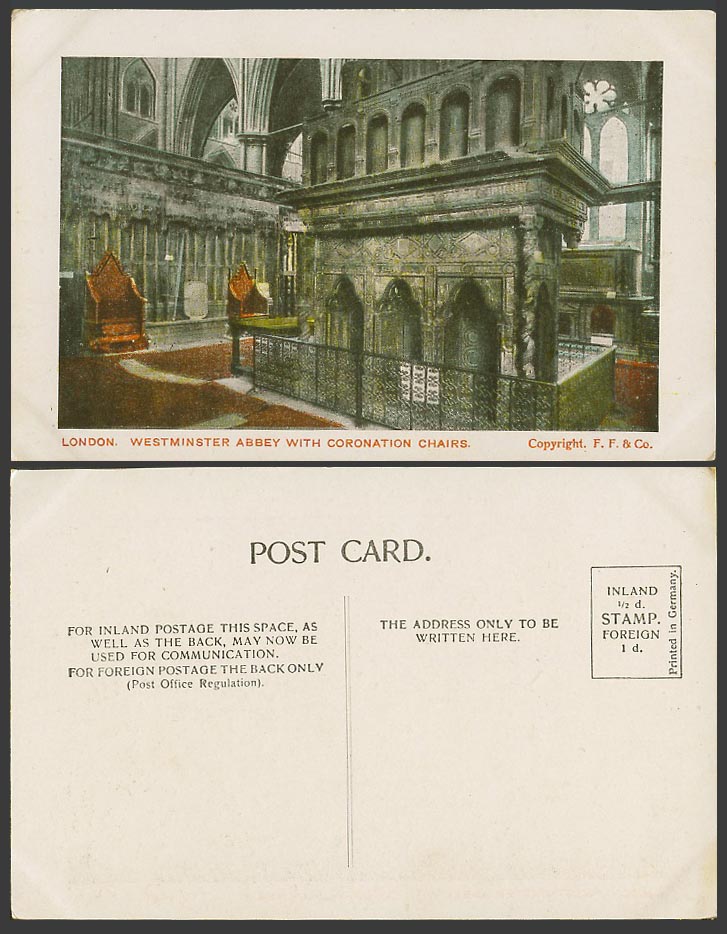London Old Colour Postcard Westminster Abbey with Coronation Chairs - F.F. & Co.