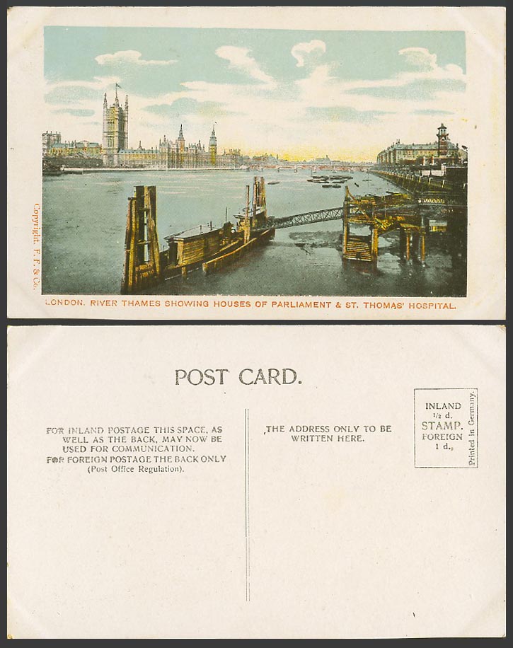 London Old Colour Postcard River Thames Houses of Parliament St. Thomas Hospital