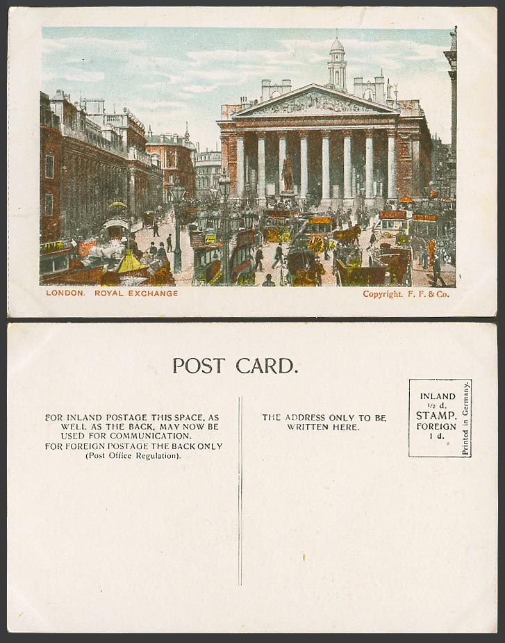 London Old Colour Postcard Royal Exchange, Street Scene, Horse Carts, F.F. & Co.