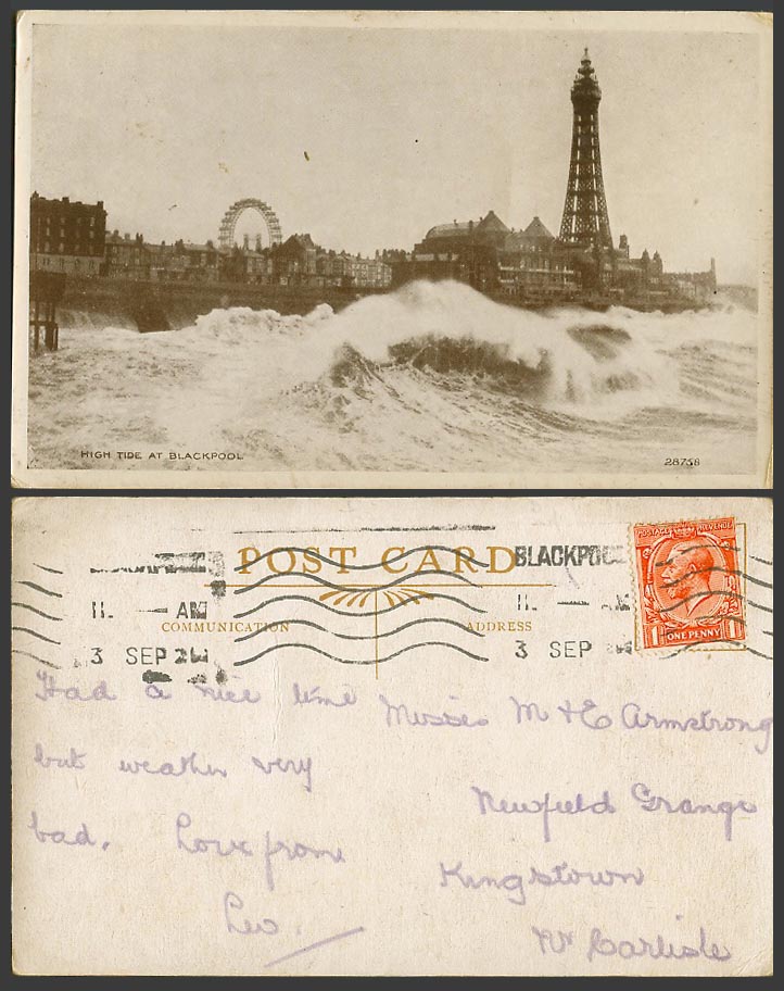 Blackpool Tower High Tide Rough Sea Storm Ferris Wheel Lancs. 1920 Old Postcard