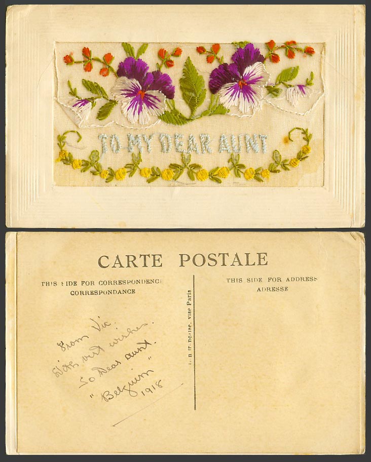 WW1 SILK Embroidered 1918 Old Postcard To My Dear Aunt Pansy Flowers with Wallet