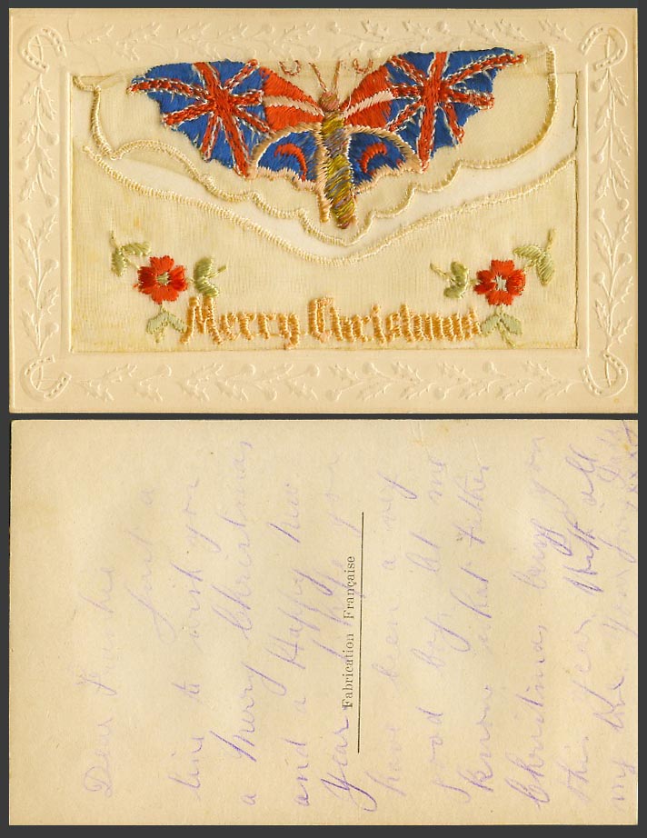 WW1 SILK Embroidered Old Postcard Merry Christmas Butterfly Flowers Empty Wallet