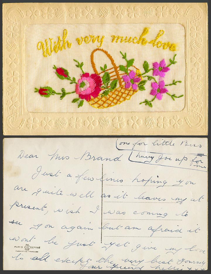 WW1 SILK Embroidered Old Postcard With Very Much Love, Flowers in Basket Novelty