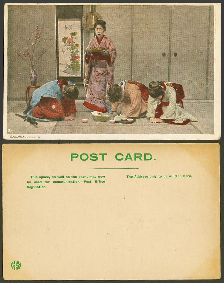Japan Old Postcard Japanese Greeting Bowing Geisha Girls Women Besuchsceremonien
