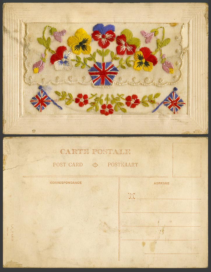 WW1 SILK Embroidered Old Postcard Flowers British Flags Empty Wallet, J.S. Paris