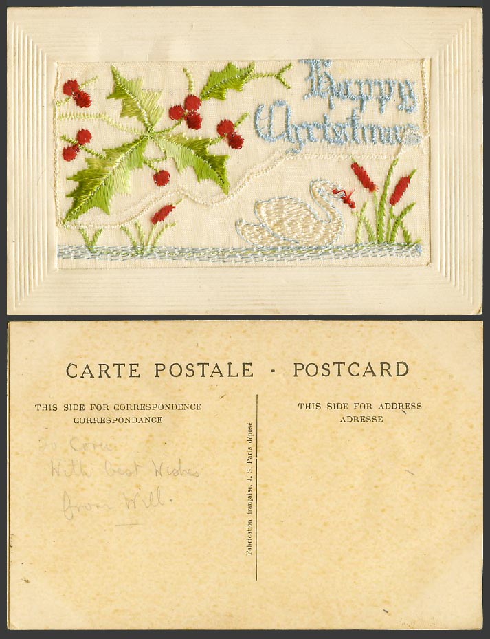 WW1 SILK Embroidered Old Postcard Swan Bird, Happy Christmas Holly, Empty Wallet