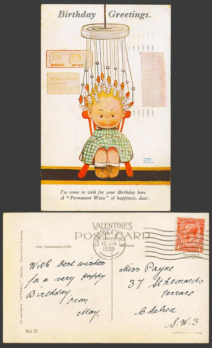 MABEL LUCIE ATTWELL 1929 Old Postcard Birthday Permanent Wave of Happiness Set D