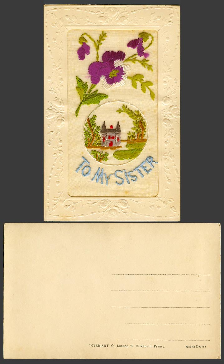 WW1 SILK Embroidered Old Postcard To My Dear Sister Pansy Flowers Castle Novelty