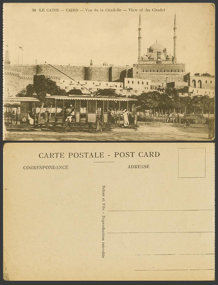 Egypt Old Postcard Cairo View of The Citadel Citadelle Street Scene TRAM Tramway