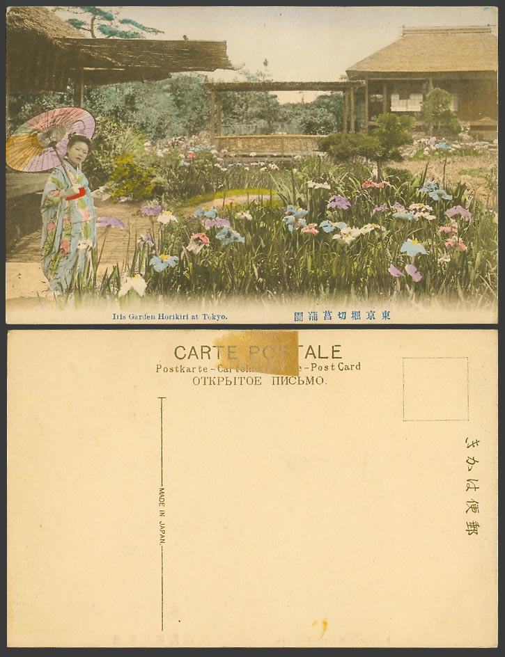 Japan Old Hand Tinted Postcard Iris Garden Horikiri Tokyo Geisha Girl Umbrella菖蒲