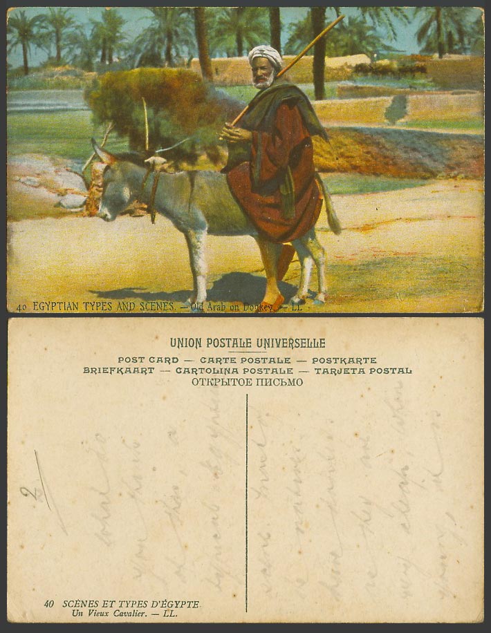 Egypt Vintage Colour Postcard Old Arab Man on Donkey, Un Vieux Cavalier L.L. 40