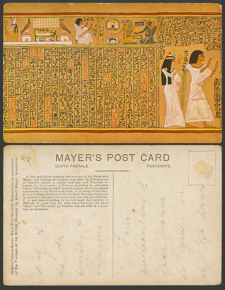Egypt Old Postcard Papyrus Hieroglyphs God Horns, Mummy of Hunefer Isis Nephthys
