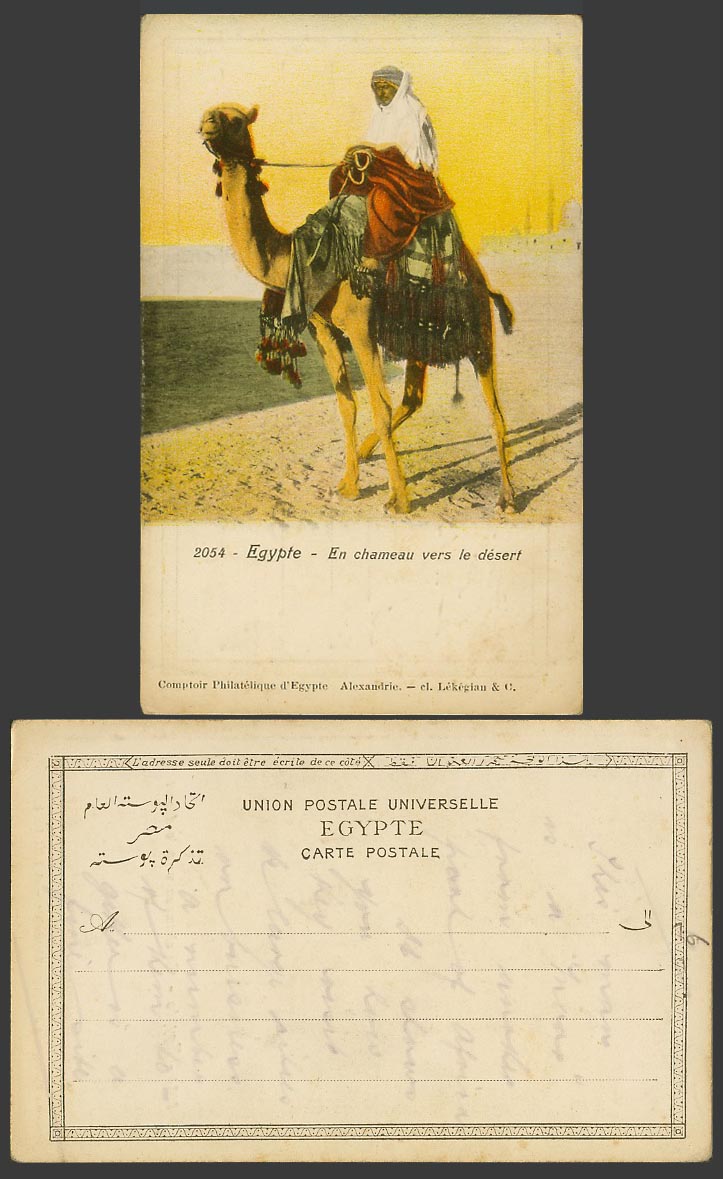 Egypt Old Colour UB Postcard En Chameaux vers le desert Native Arabe Camel Rider