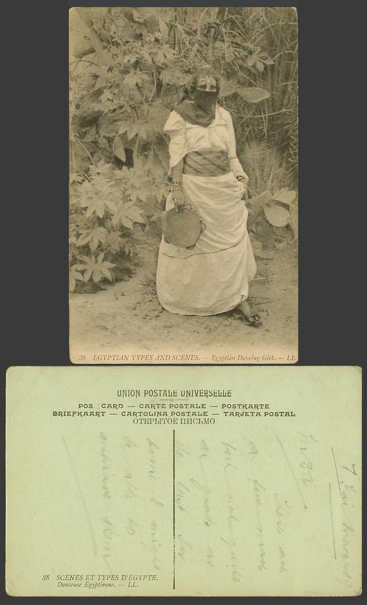 Egypt Old Postcard Egyptian Dancing Girl Costumes Veiled Arab Dancer Tambourine