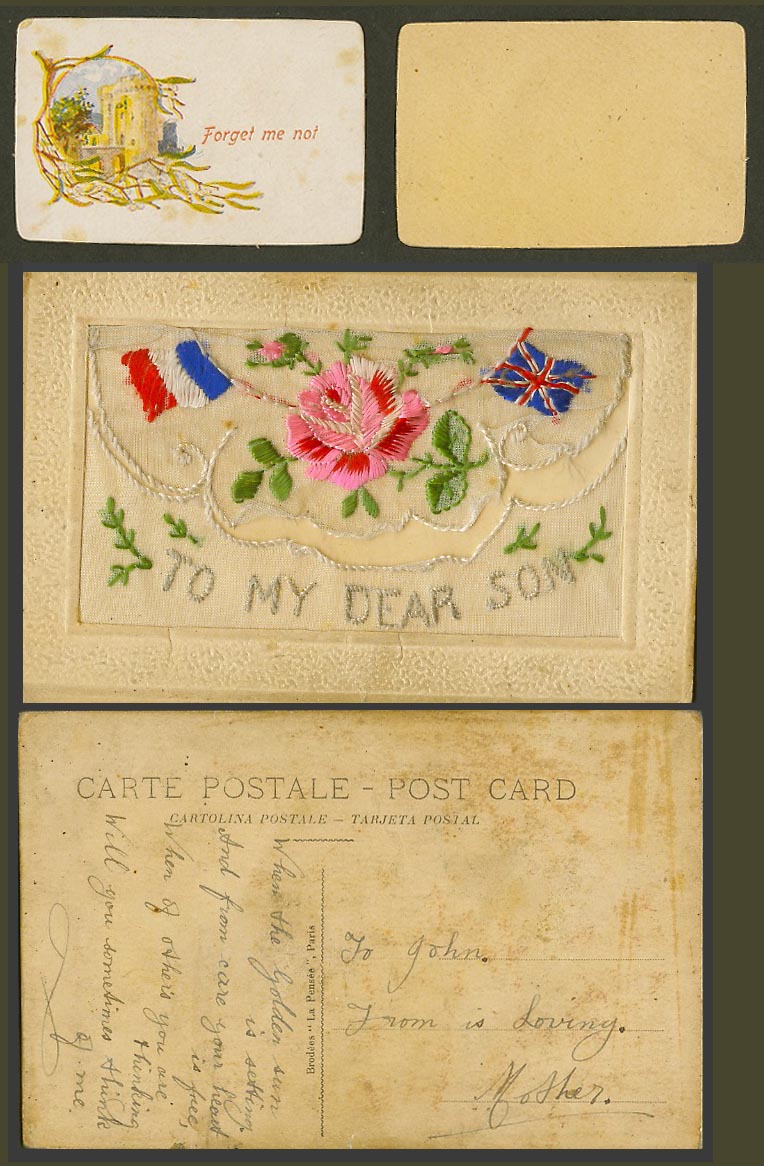 WW1 SILK Embroidered Old Postcard To My Dear Son, Flags, Forget Me Not in Wallet