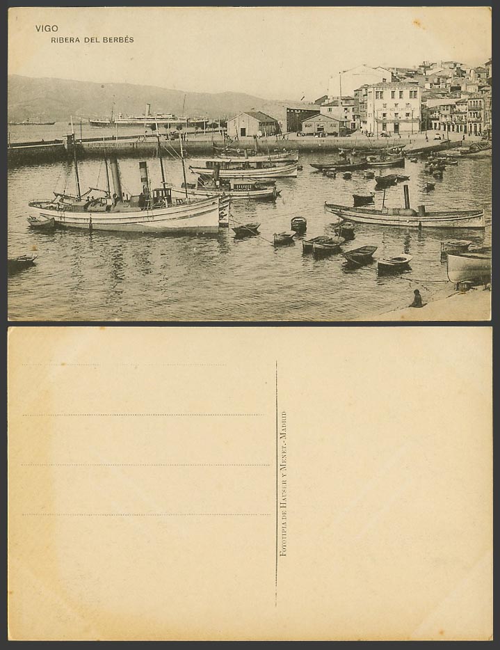 Spain Old Postcard VIGO Ribera del Berbes, Harbour Boats Steamers Ships Panorama