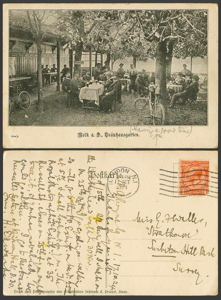 Germany KG5 1924 Old Postcard Bicycles Melk a. D. Braeuhausgarten Brewery Garden