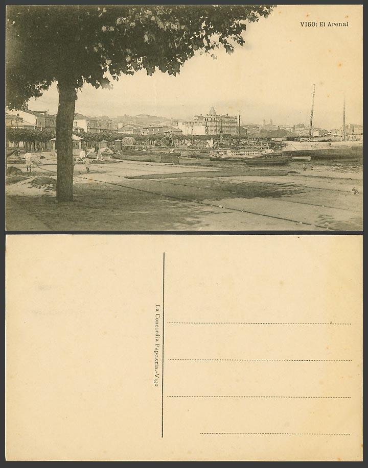 Spain Old Postcard VIGO, EL ARENAL, Harbour, Boats Ships, La Concordia Papeleria