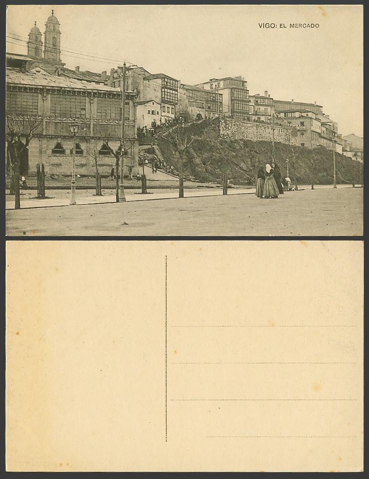 Spain Old Postcard VIGO, EL Mercado Market, Street Scene, Church Cathedral Tower