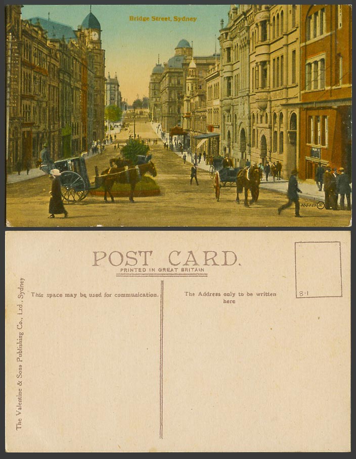Australia Old Postcard Sydney Bridge Street Scene, Horse Cart Carriage Clock NSW