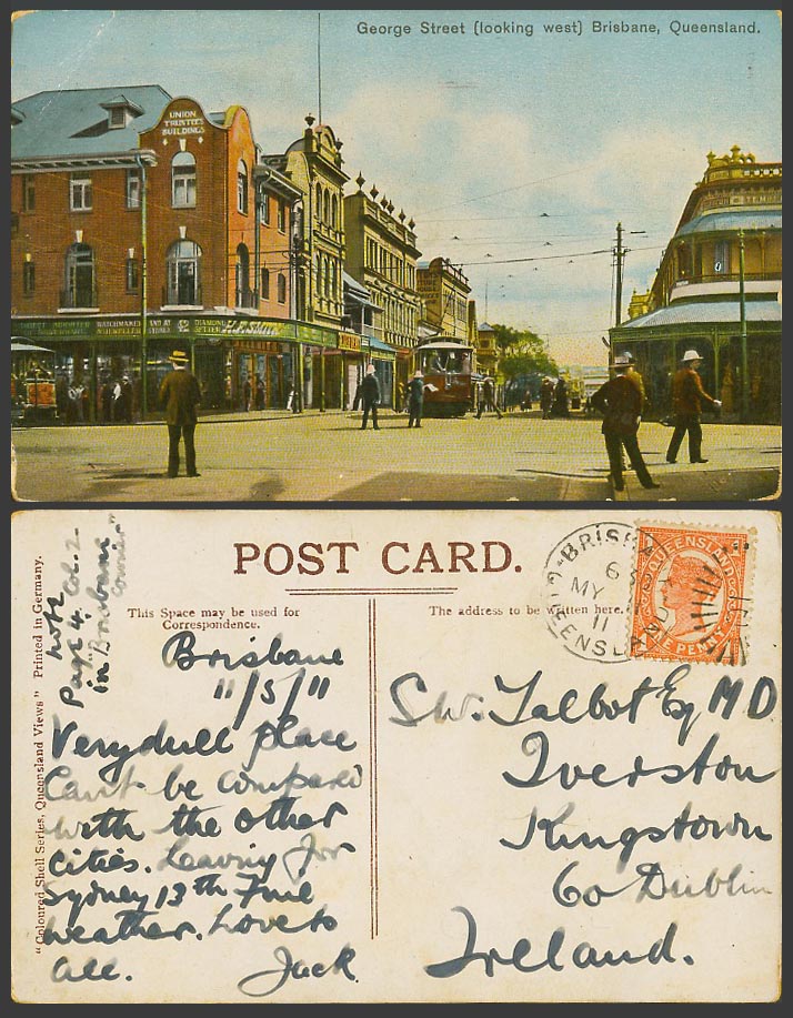 Australia 1911 Old Postcard George Street Scene W. Brisbane Union Trustees Bldgs