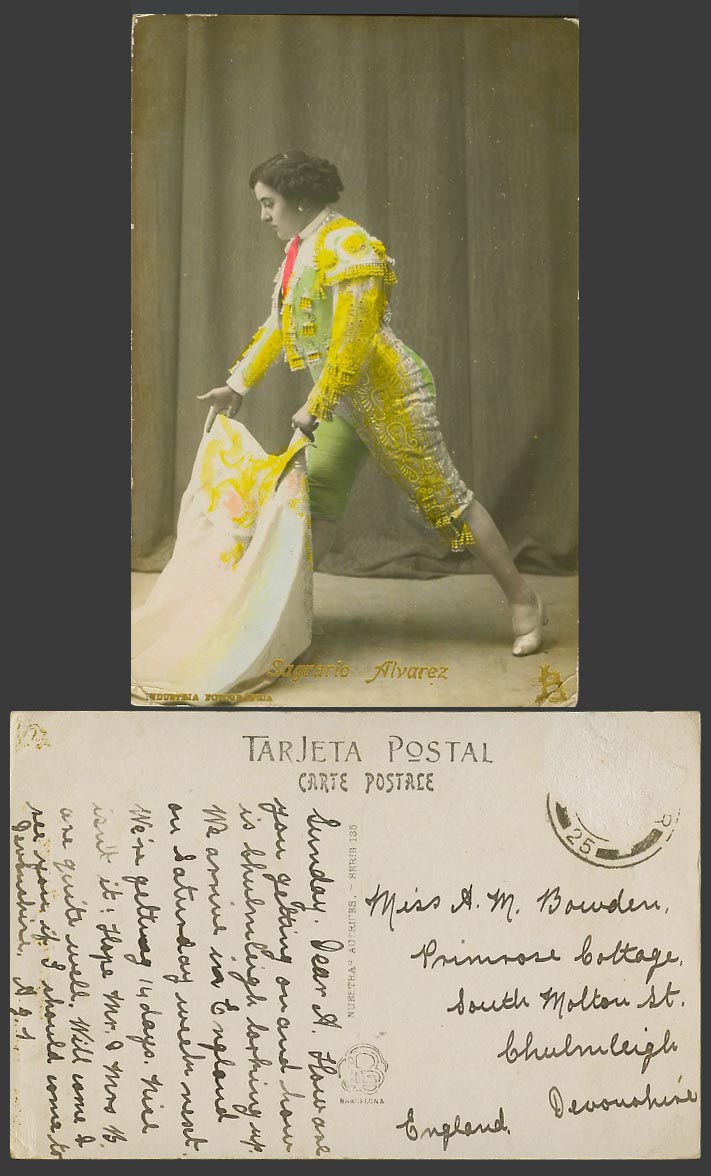 Spain Old Real Photo Colour Postcard Sagrario Alvarez, Female Bullfighter Torera