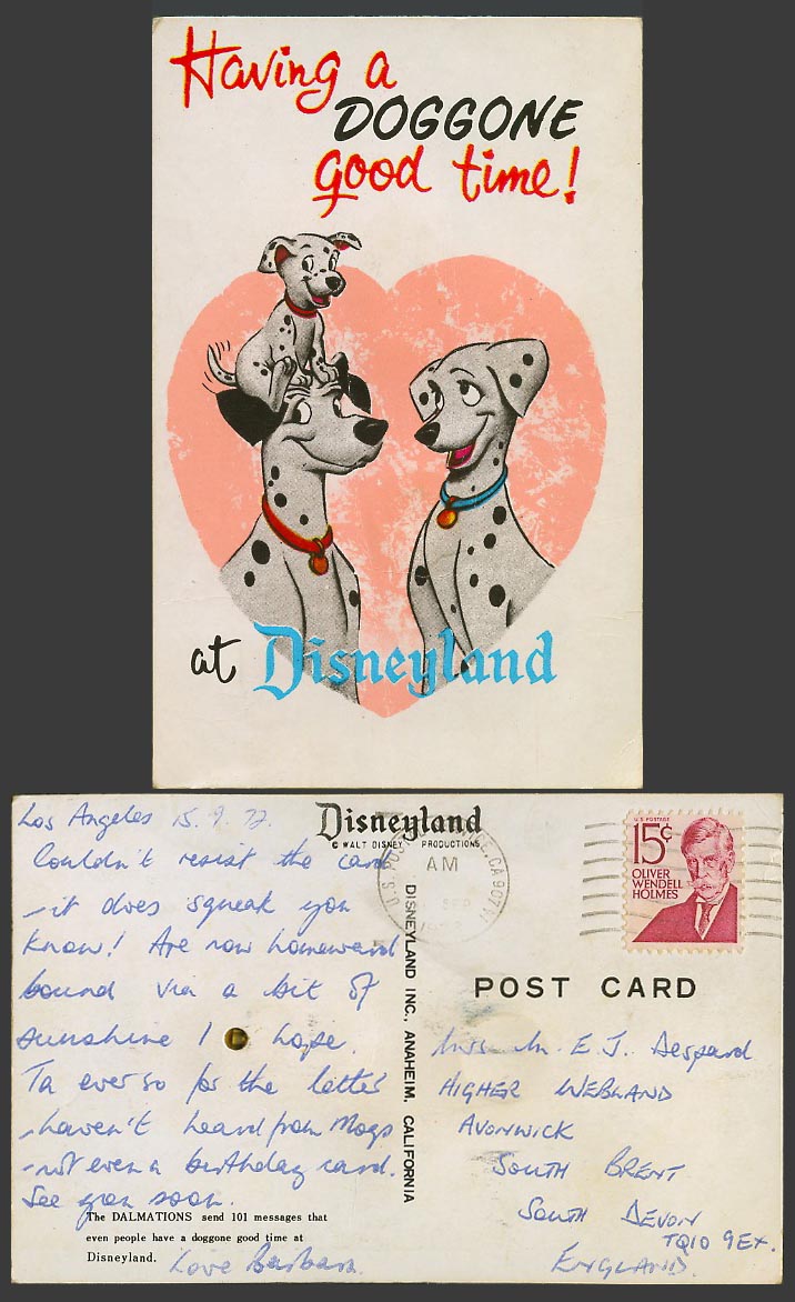 Squeaking Novelty Dalmatian Dogs, A Doggone Good Time at Disneyland Old Postcard