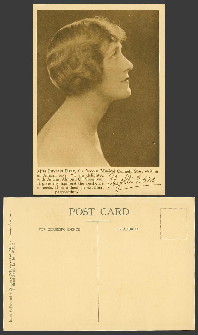 Actress Miss Phyllis Dare, with Autograph, Amami Almond Oil Shampoo Old Postcard
