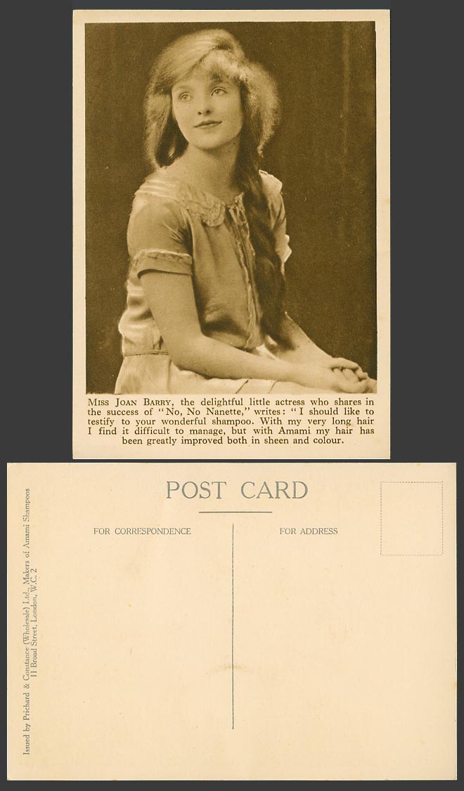 Actress Miss Joan Barry, No, No Nanette, Amami Shampoo Advertising Old Postcard