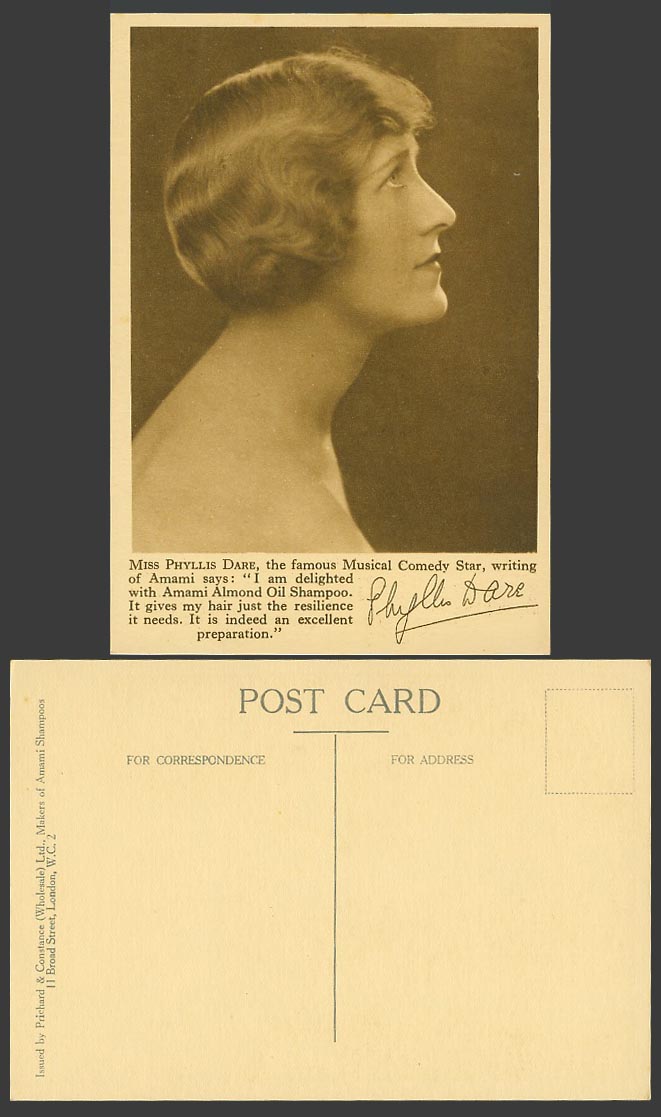 Actress Miss Phyllis Dare, with Signature, Amami Almond Oil Shampoo Old Postcard