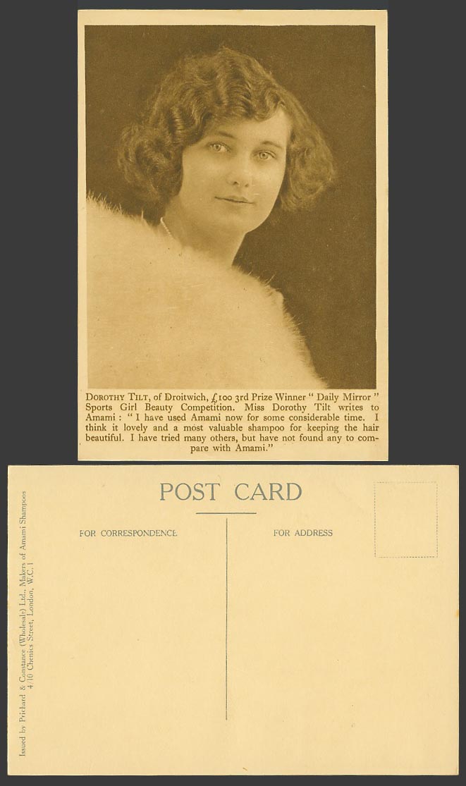 Actress Miss Dorothy Tilt, of Droitwich, Sports Girl, Amami Shampoo Old Postcard