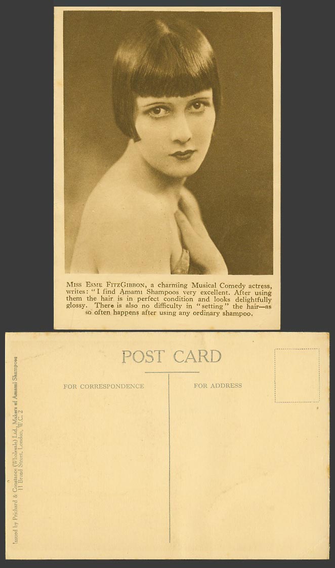 Actress Miss Esme FitzGibbon, Musical Comedy Amami Shampoo Adverts. Old Postcard