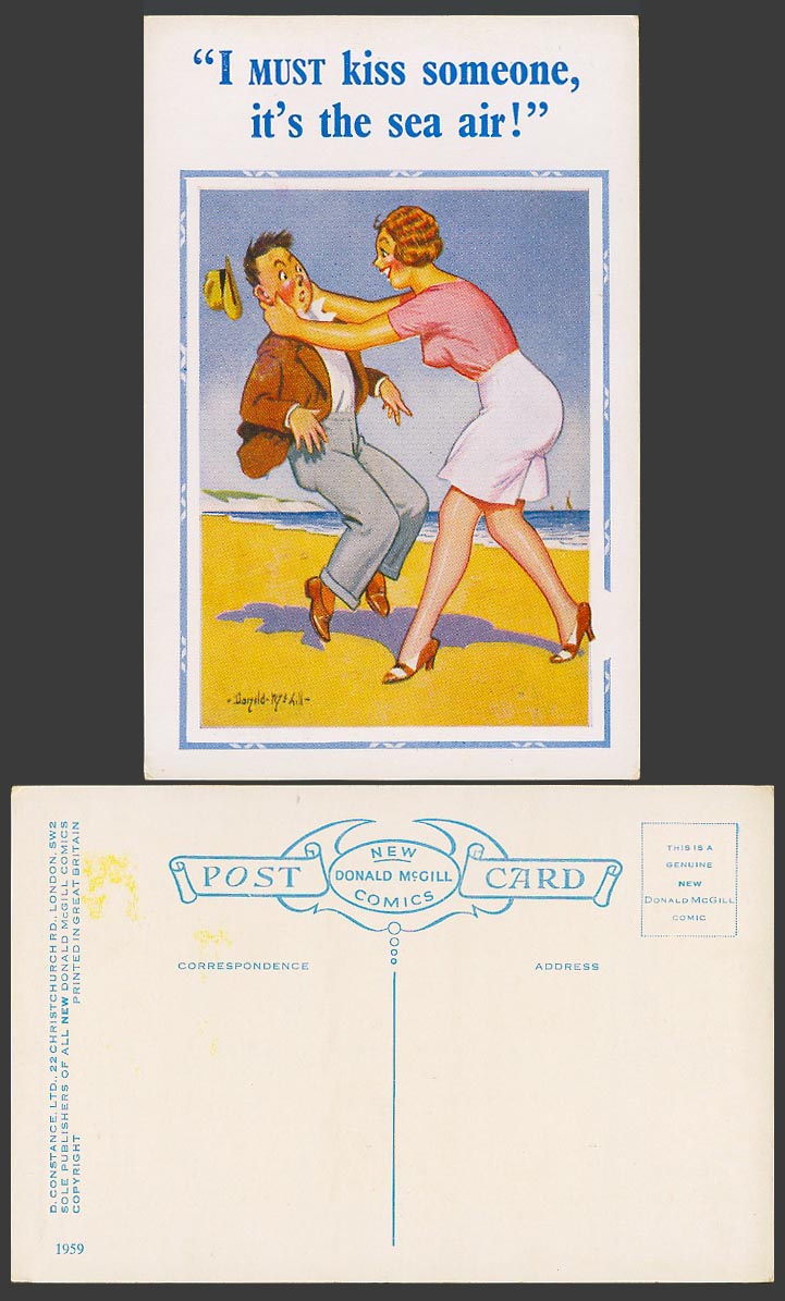 Donald McGill Old Postcard I Must Kiss Someone it's the Sea Air Beach Comic 1959