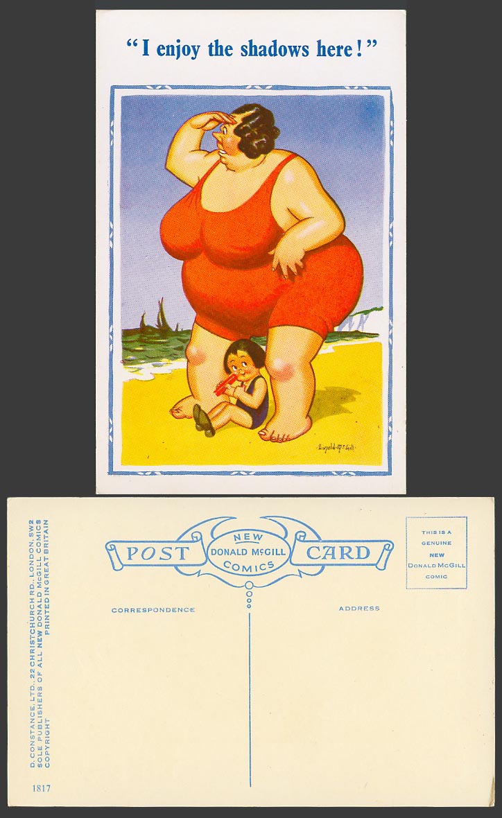 Donald McGill Old Postcard I Enjoy Shadows Here! Fat Woman Lady and a Girl 1817